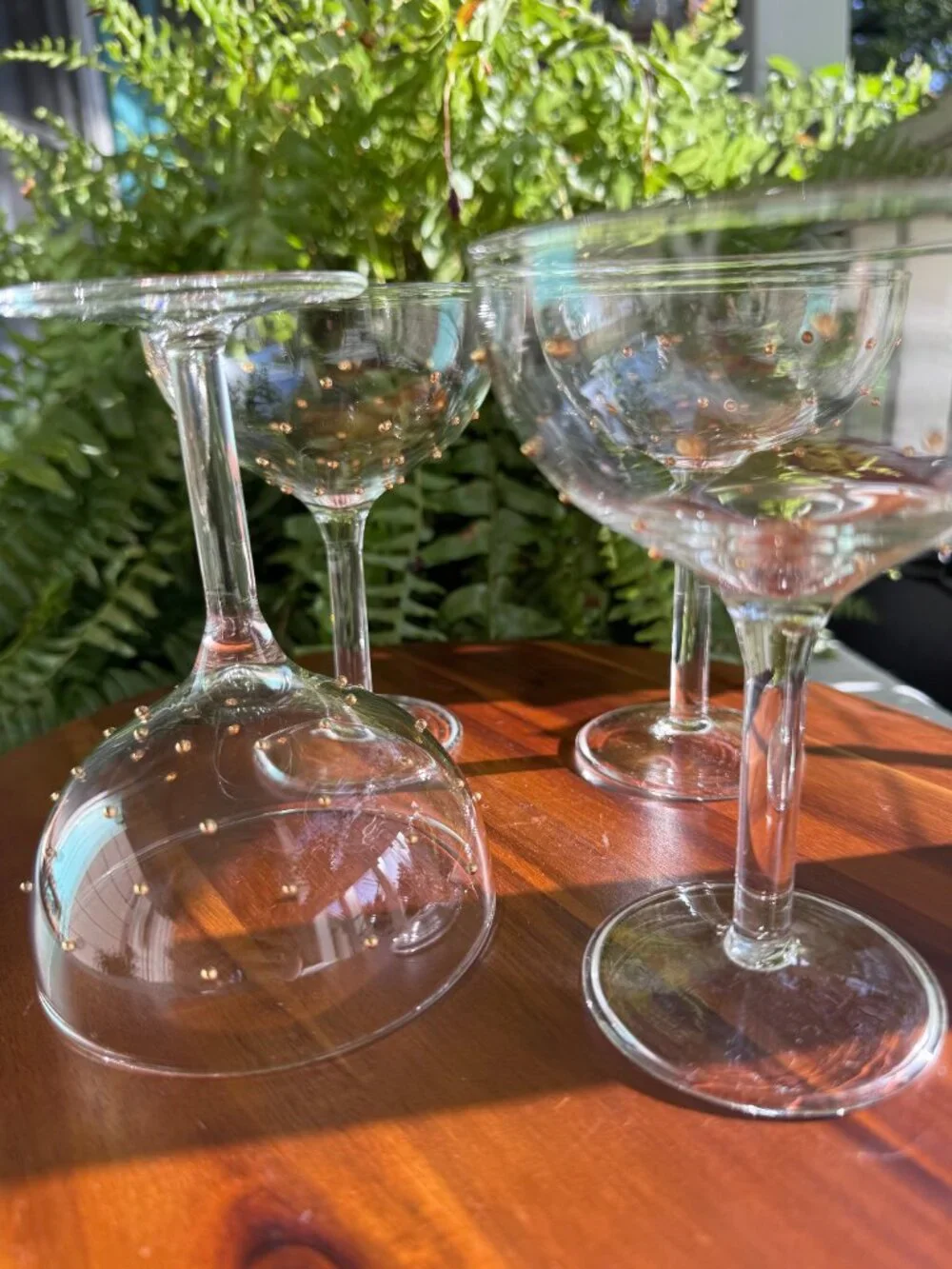 Set of 4 Pottery Barn Champagne Coupe Glasses with Gold Polka Dot
